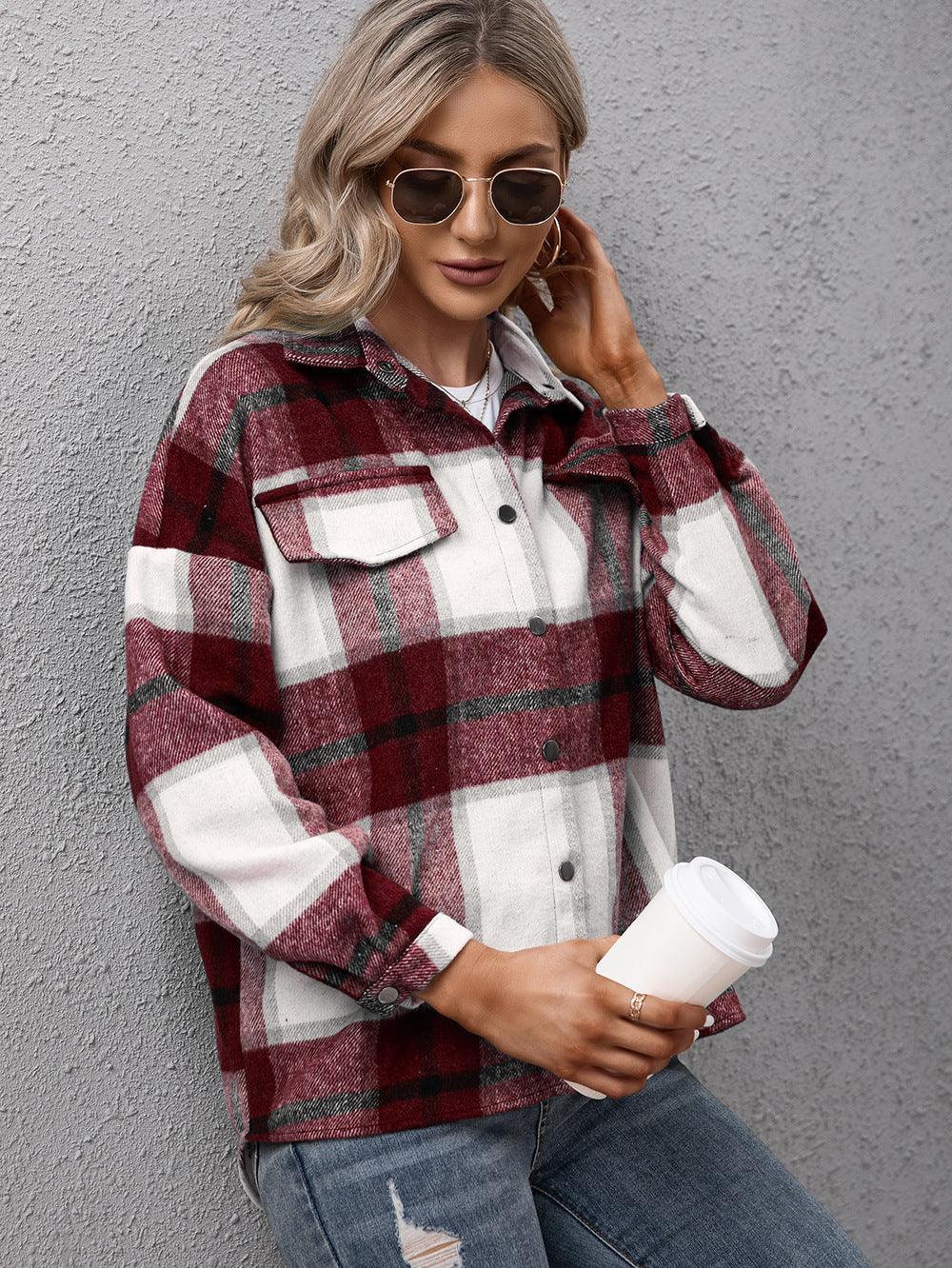 Plaid Long Sleeve Shirt Jacket - Jacket