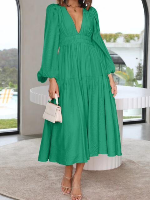 Deep V-Neck Balloon Sleeve Maxi Dress - Dresses