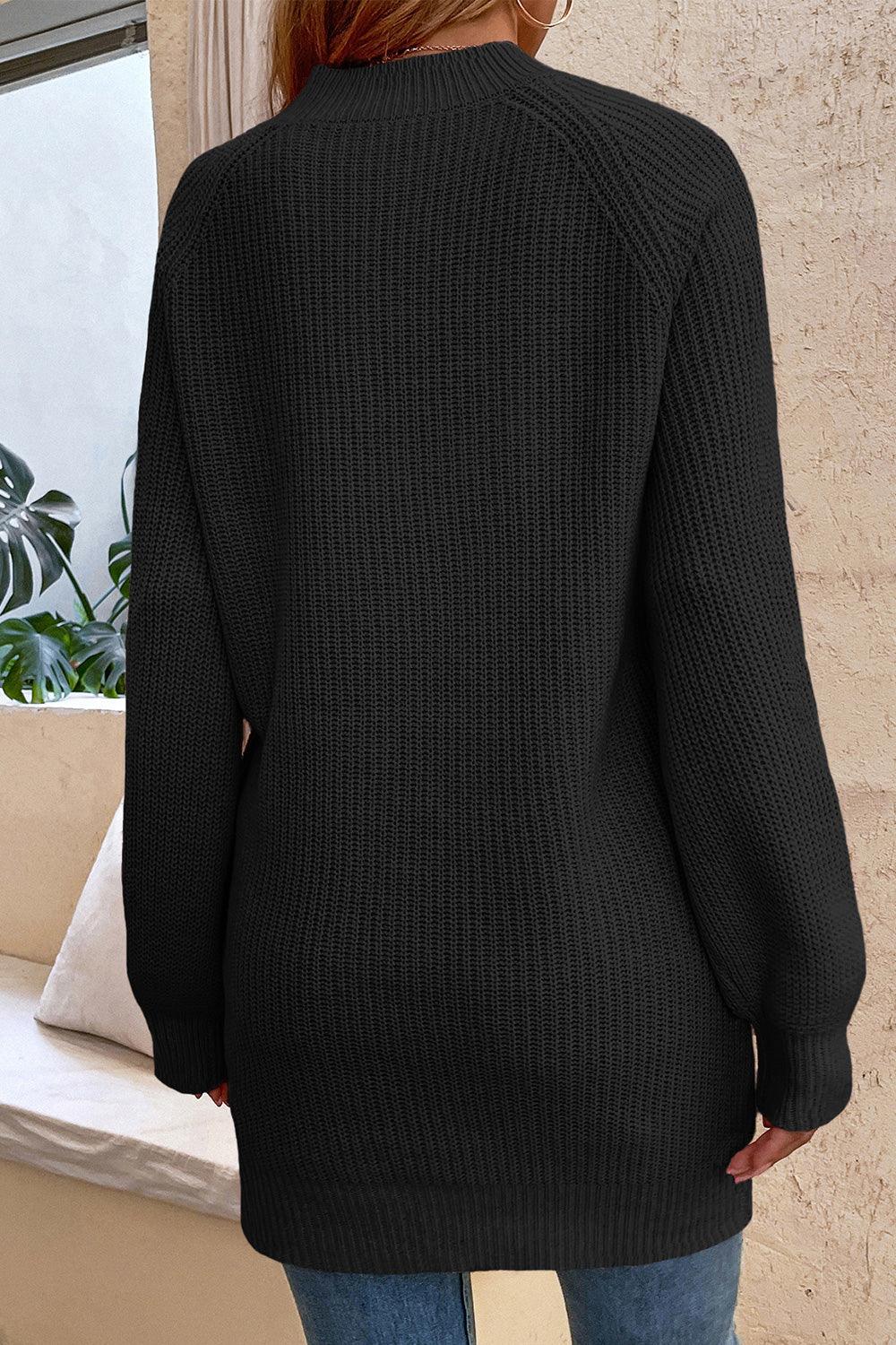 Round Neck Button Detail Ribbed Long Sweater - Sweater