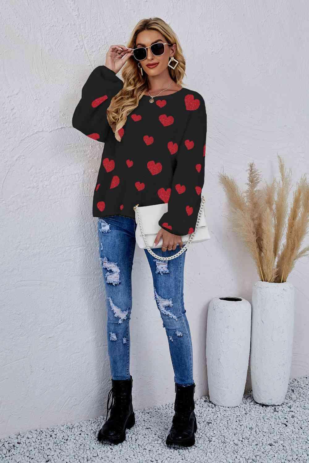 Woven Right Heart Print Fuzzy Sweater - Sweater