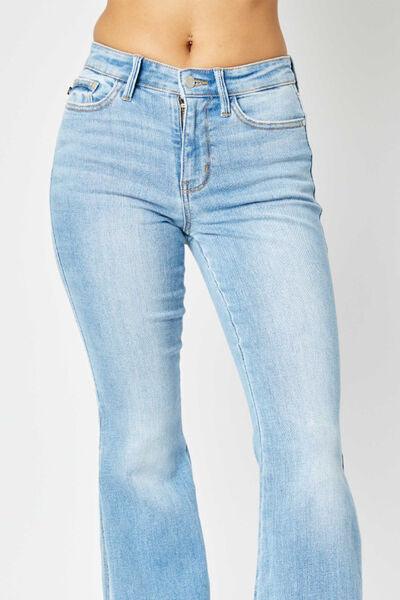 Judy Blue Mid Rise Raw Hem Slit Flare Jeans - Jeans