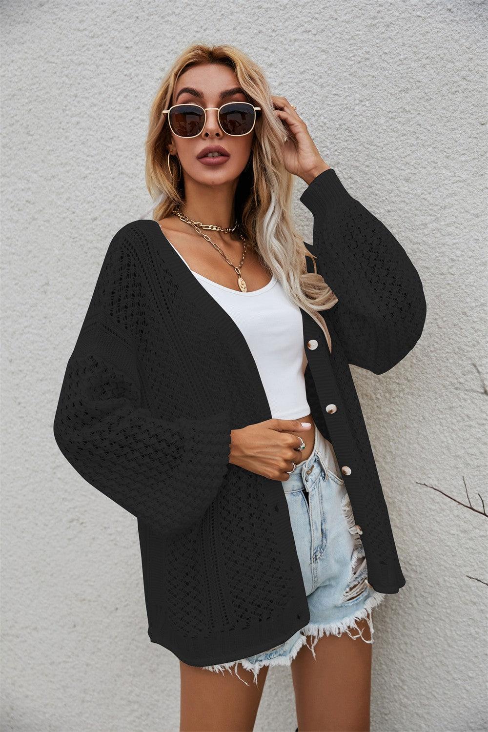 Openwork V-Neck Dropped Shoulder Cardigan - Cardigan