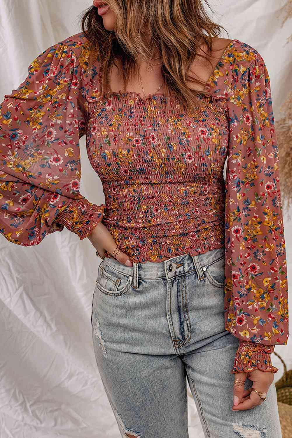 Floral Smocked Lantern Sleeve Blouse - Blouse