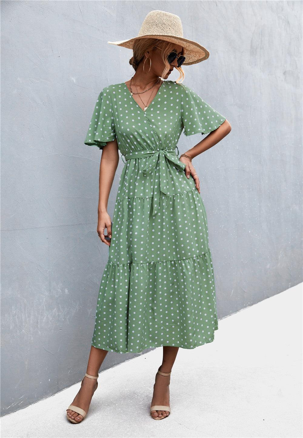 Printed V-Neck Flutter Sleeve Belted Tiered Midi Dress - Dresses