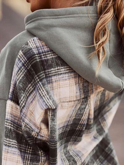 Plaid Drawstring Dropped Shoulder Hoodie - Hoodie