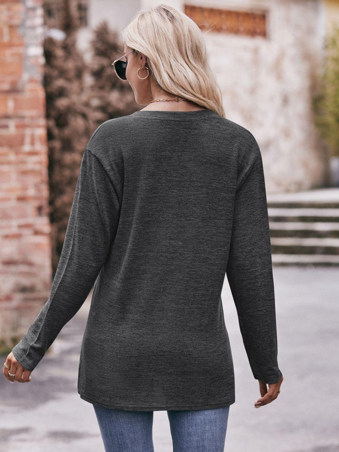 Double Take Buttoned Notched Neck Long Sleeve Top - Top