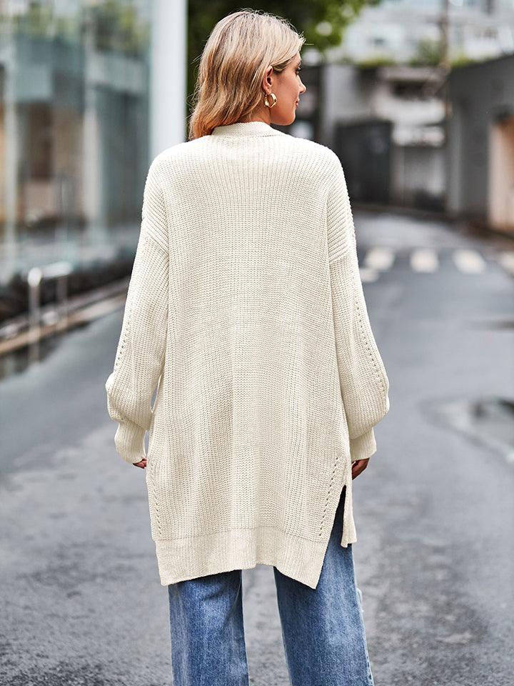 Open Front Longline Waffle-Knit Cardigan - Cardigan