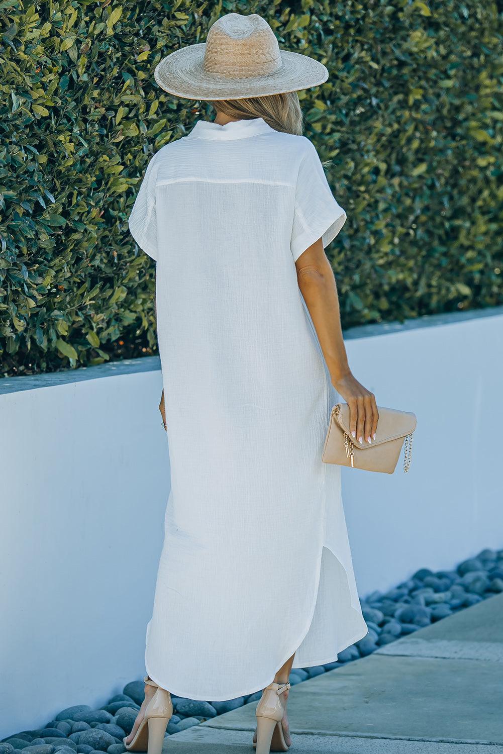 Textured Button Down Slit Shirt Maxi Dress - Dresses