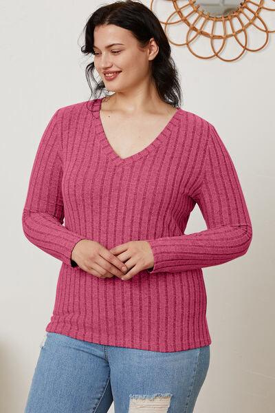 Basic Bae Ribbed V-Neck Long Sleeve Top - Top