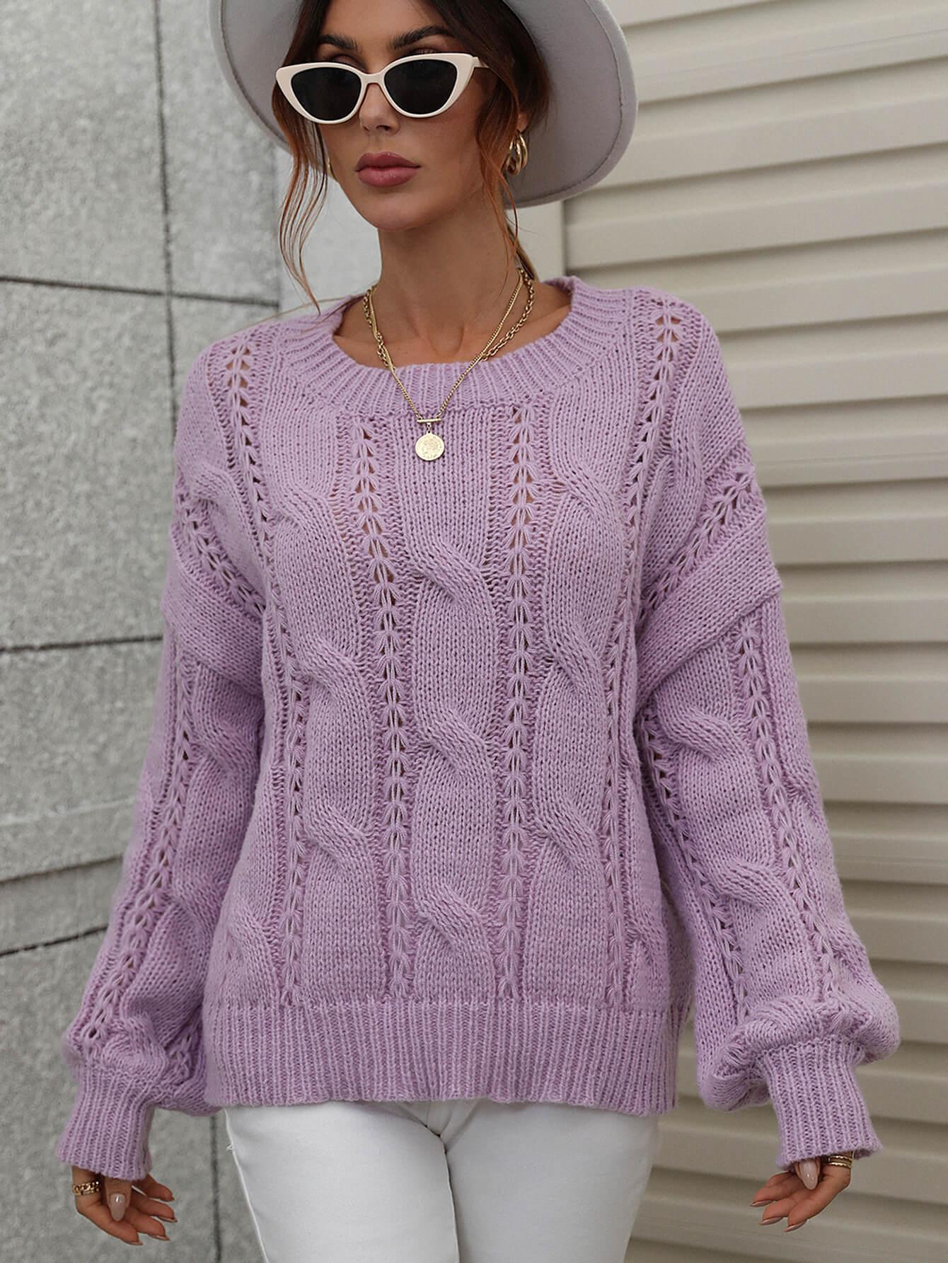 Woven Right Cable-Knit Openwork Round Neck Sweater - Sweater