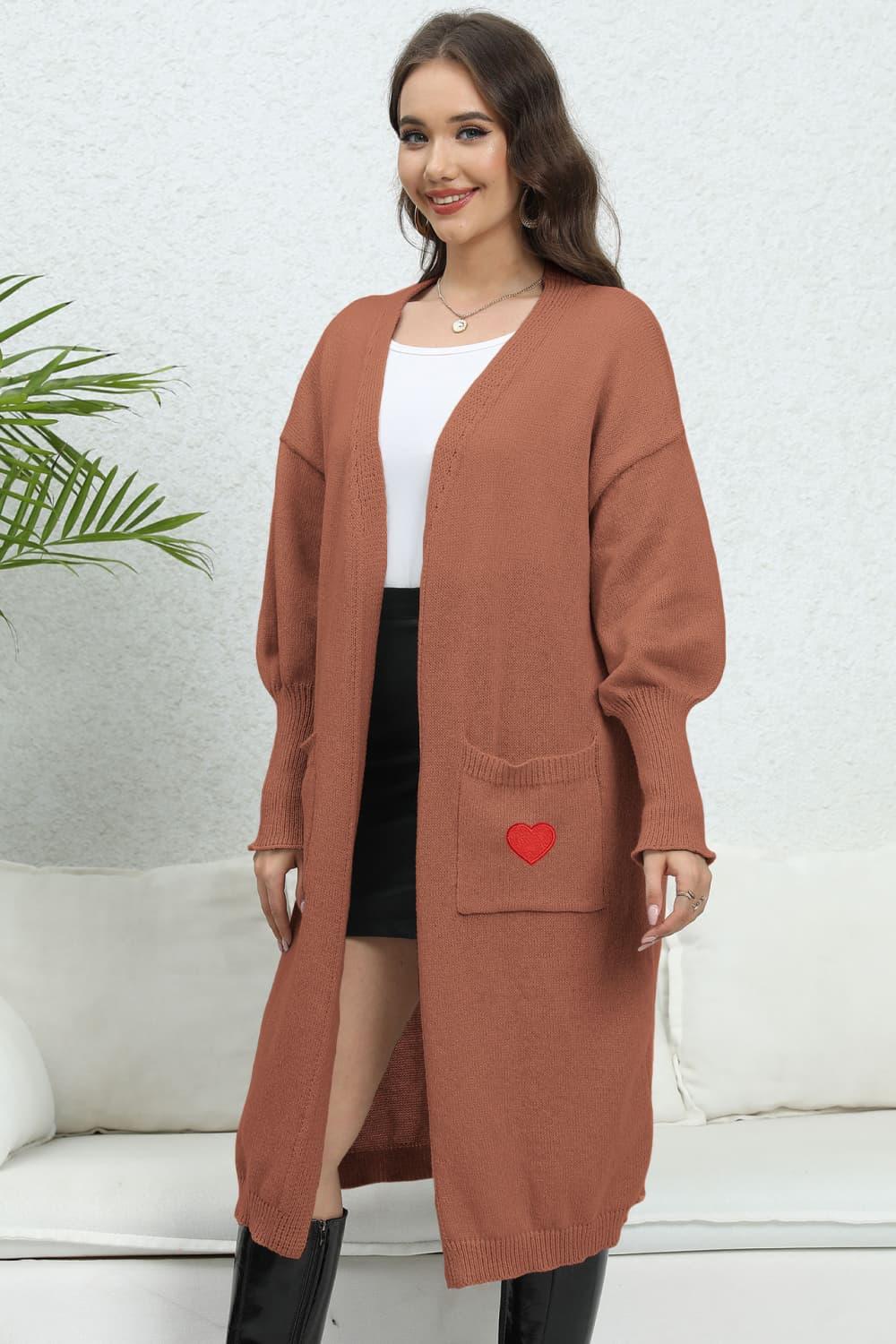 Lantern Sleeve Open Front Pocketed Cardigan - Cardigan