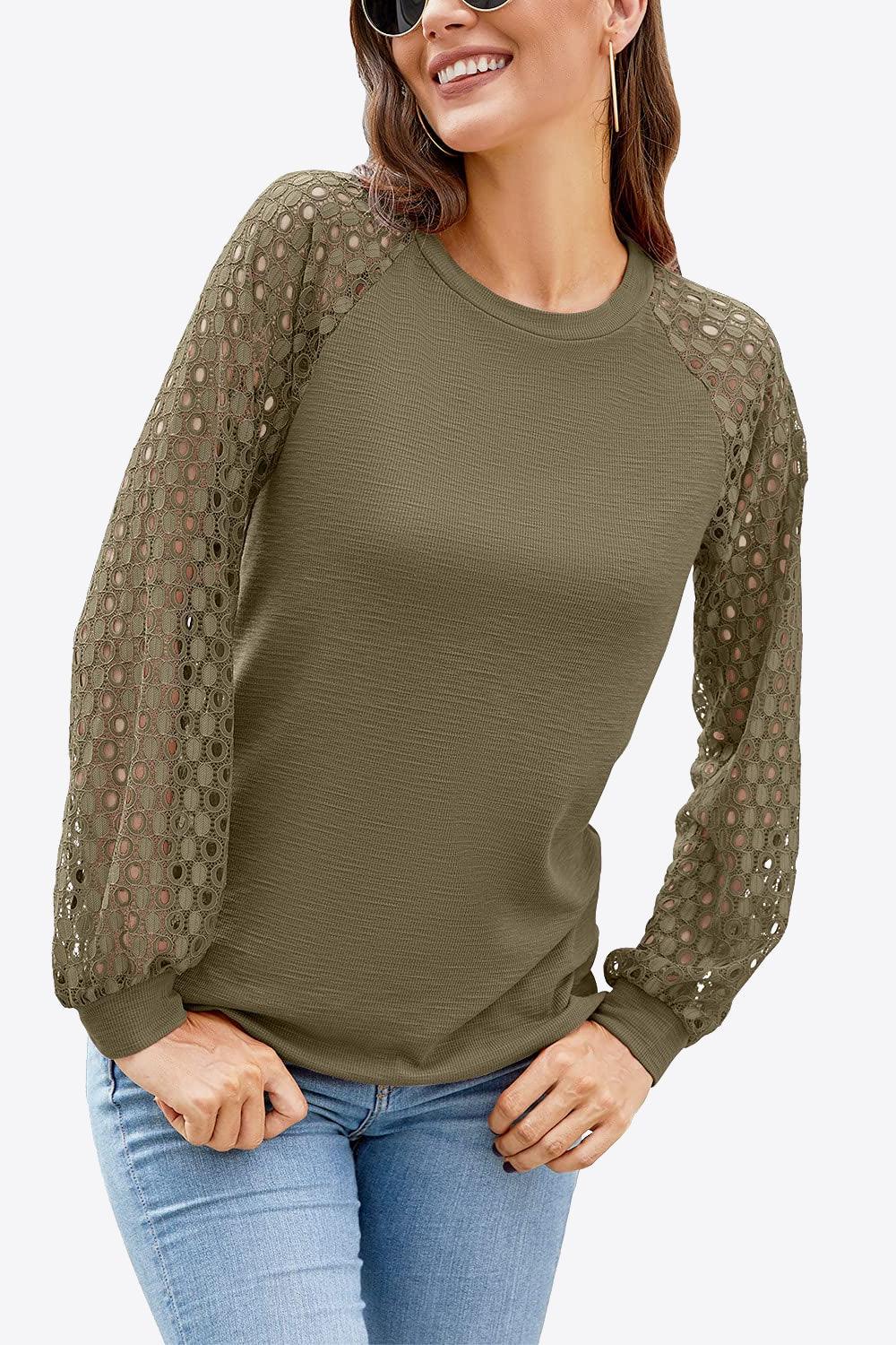 Eyelet Long Raglan Sleeve Round Neck Tee - Top