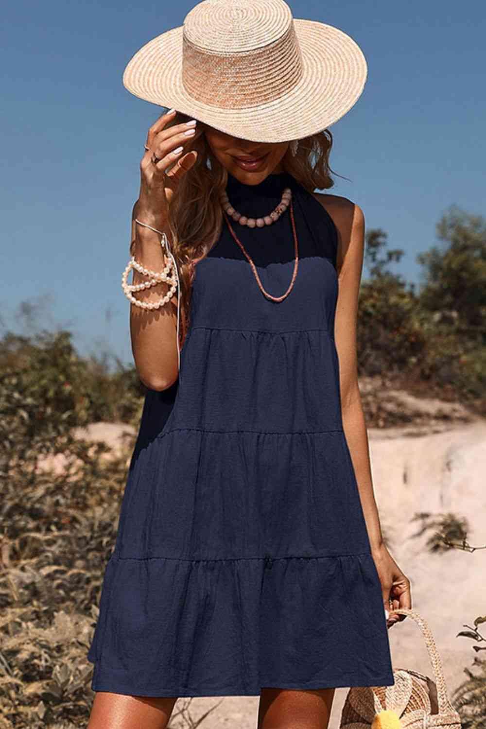 Tie Back Sleeveless Tiered Mini Dress - Dresses