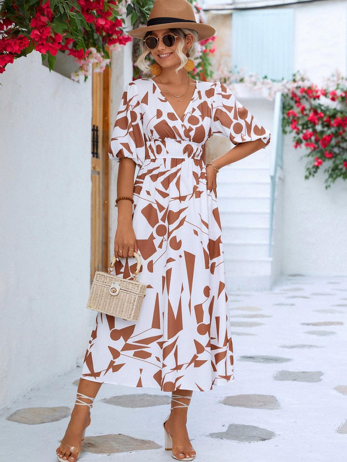 Printed Surplice V-Neck Balloon Sleeve Midi Dress - Dresses