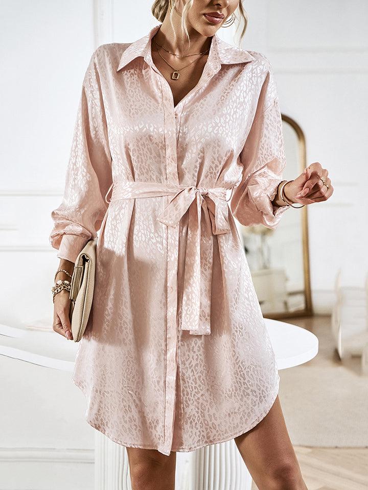 Leopard Tie Waist Collared Neck Shirt Dress - Dresses