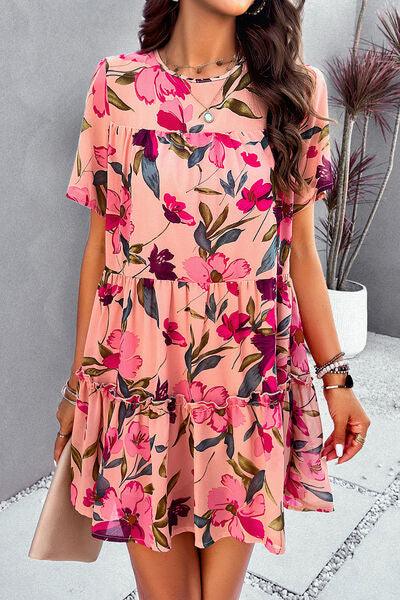 Floral Tiered Round Neck Mini Dress - Dresses