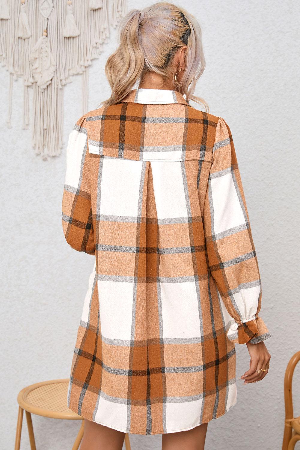 Plaid Collared Neck Flounce Sleeve Shirt Dress - Dresses