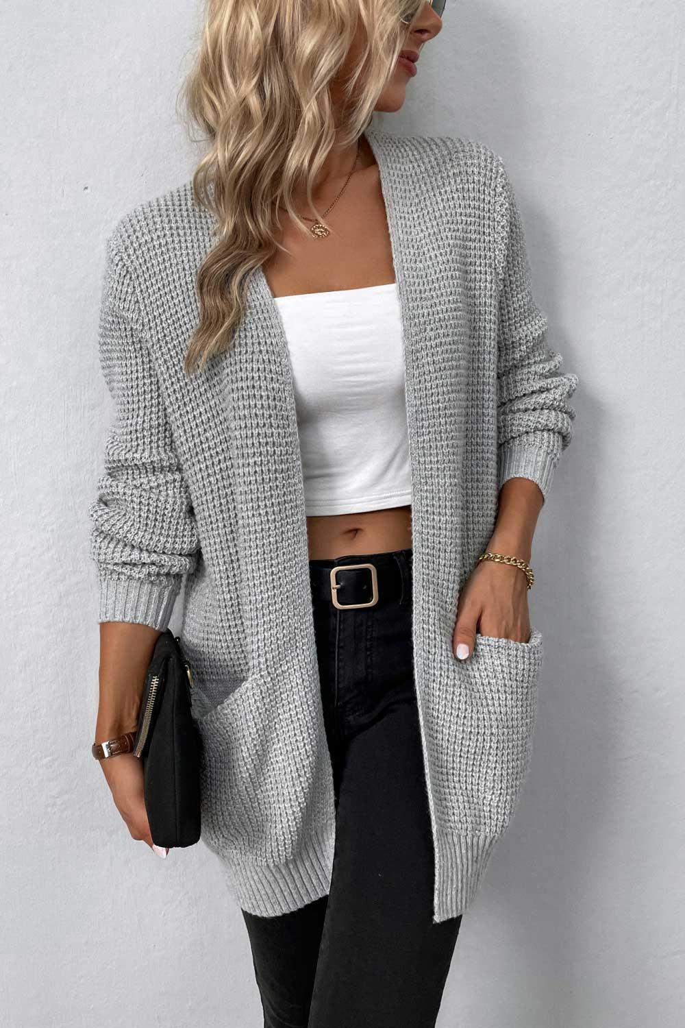 Rib-Knit Open Front Pocketed Cardigan - Cardigan