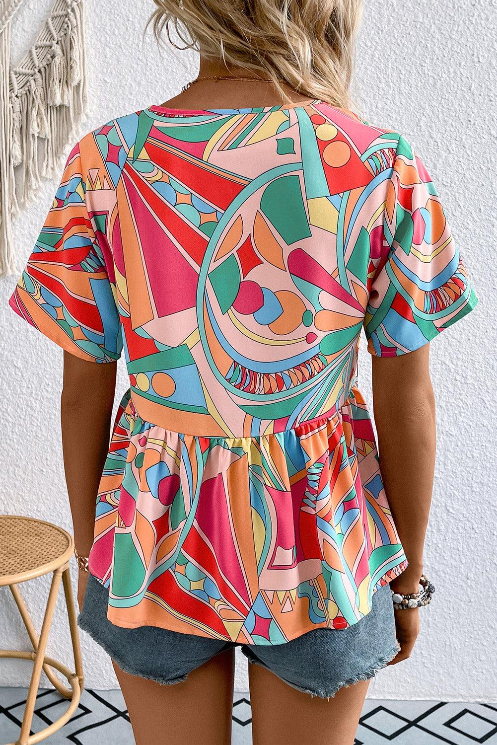 Multicolor Printed Tie Neck Short Sleeve Top - Top