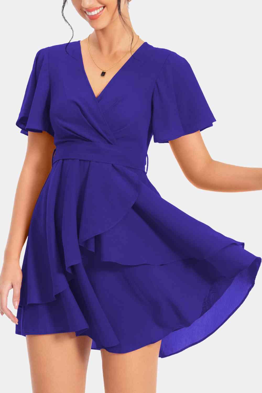 Surplice Neck Flutter Sleeve Mini Dress - Dresses