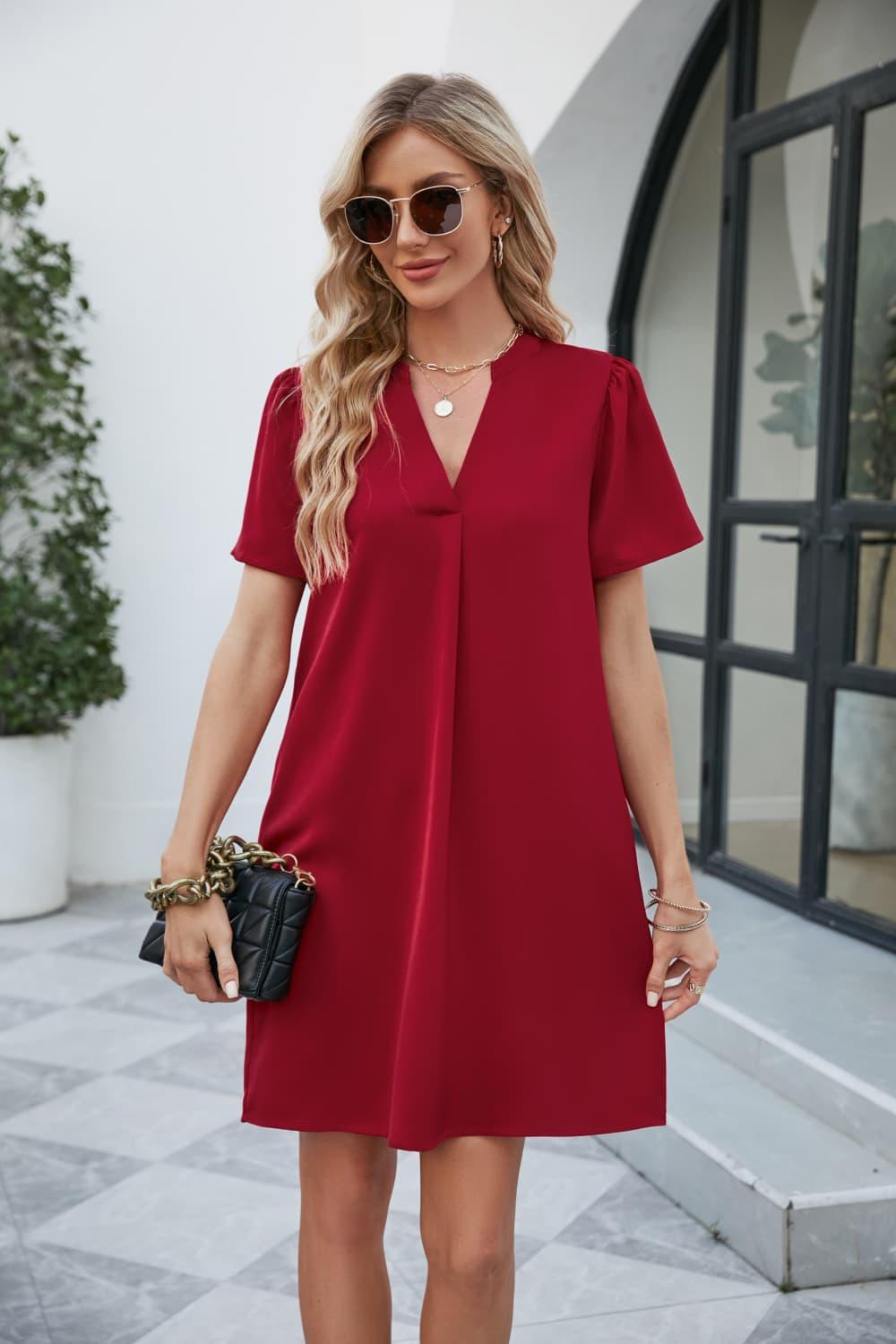 Notched Puff Sleeve Mini Shift Dress - Dresses