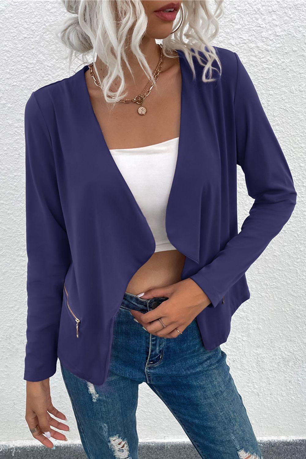 Open Front Zipper Pocket Cardigan - Cardigan