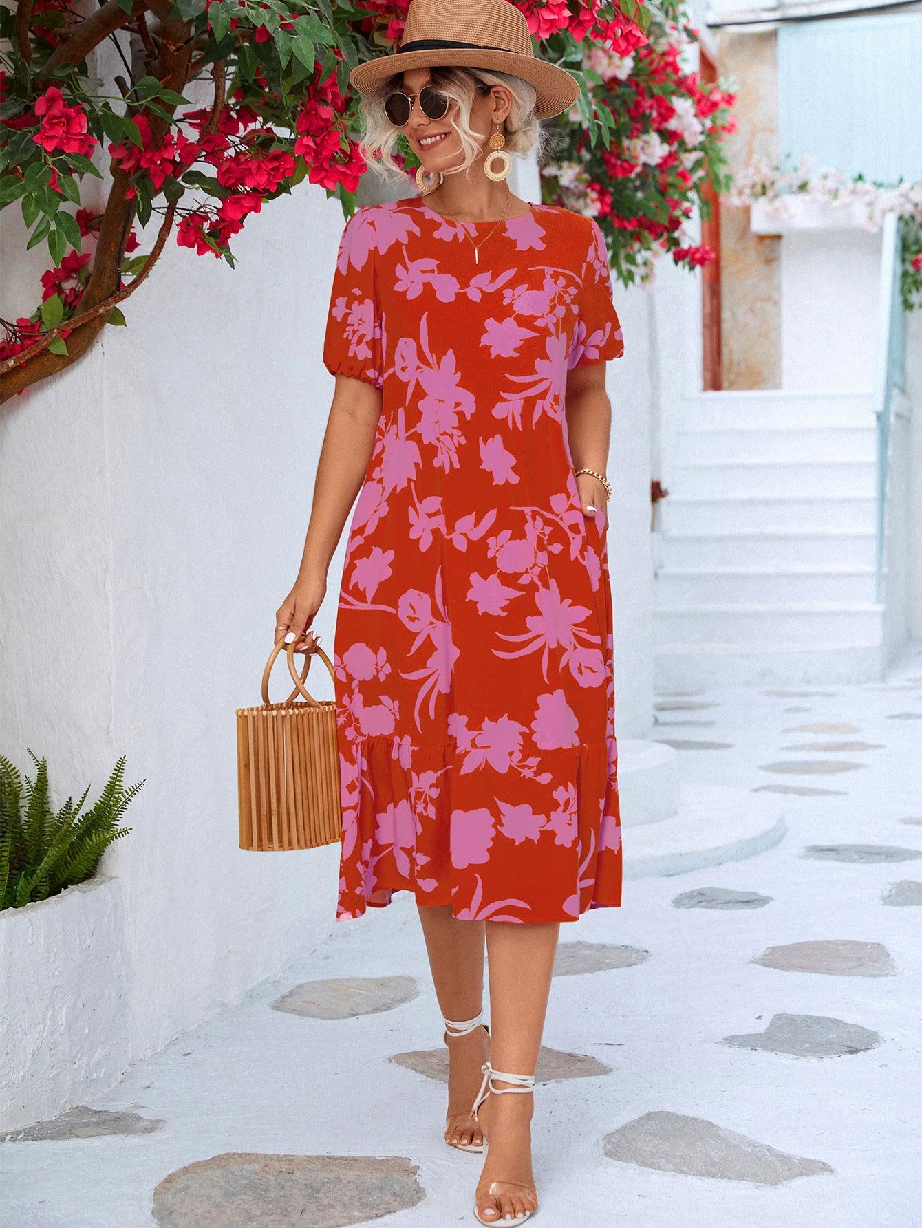 Floral Puff Sleeve Ruffle Hem Round Neck Midi Dress - Dresses