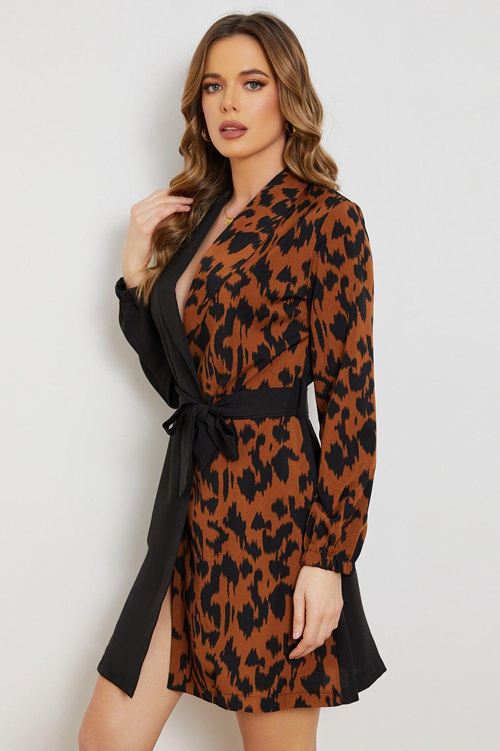 Leopard Color Block Belted Shawl Collar Wrap Dress - Dresses