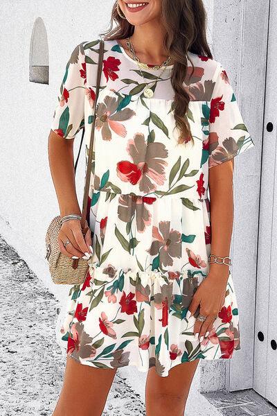 Floral Tiered Round Neck Mini Dress - Dresses