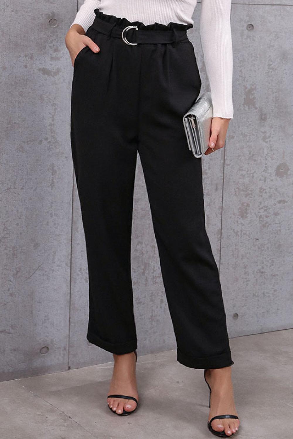 Cropped Belted Paperbag Waist Straight Legs Pants - Pant