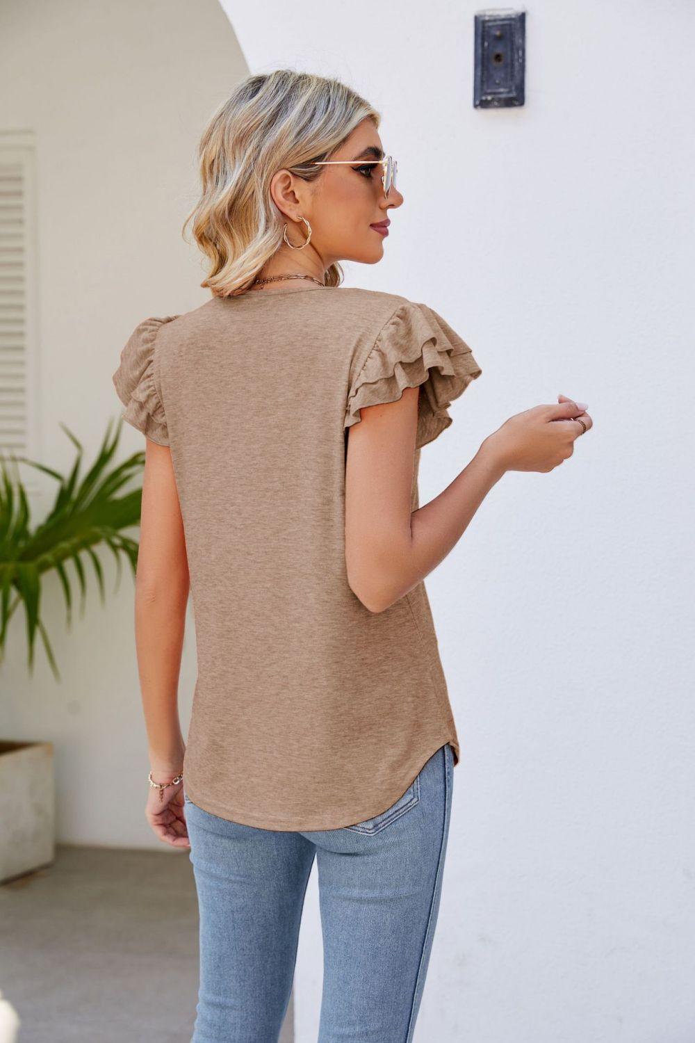 Smocked Layered Ruffle Flutter Sleeve V-Neck Top - Top