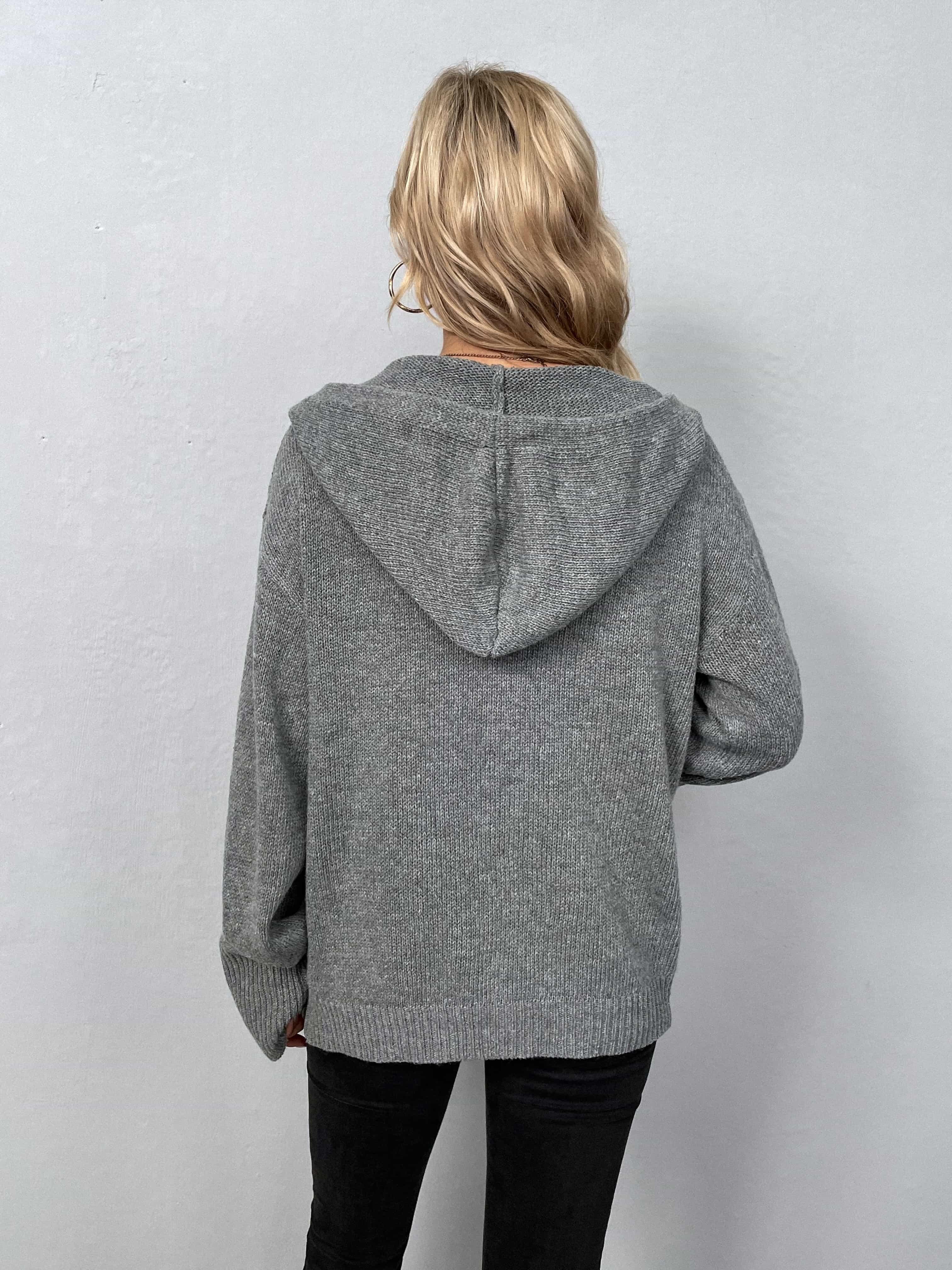 Button-Down Drawstring Long Sleeve Hooded Sweater - Sweater