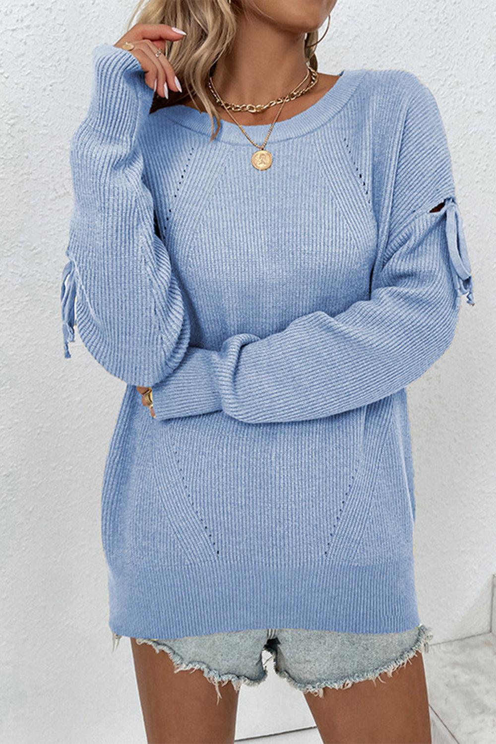 Round Neck Tied Sleeves Ribbed Sweater - Sweater