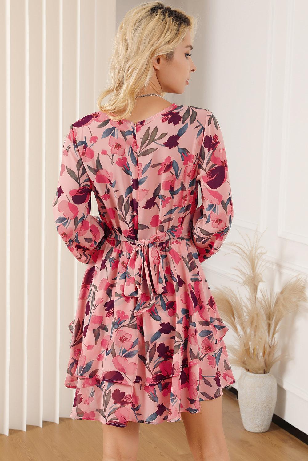 Floral Surplice Balloon Sleeve Mini Dress - Dresses