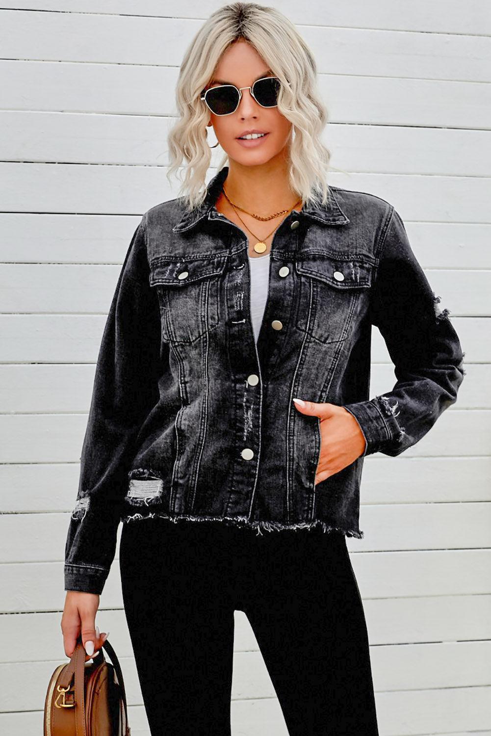 Distressed Raw Hem Denim Jacket - Jacket