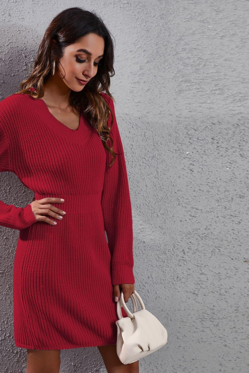 V-Neck Long Sleeve Rib-Knit Sweater Dress - Dresses