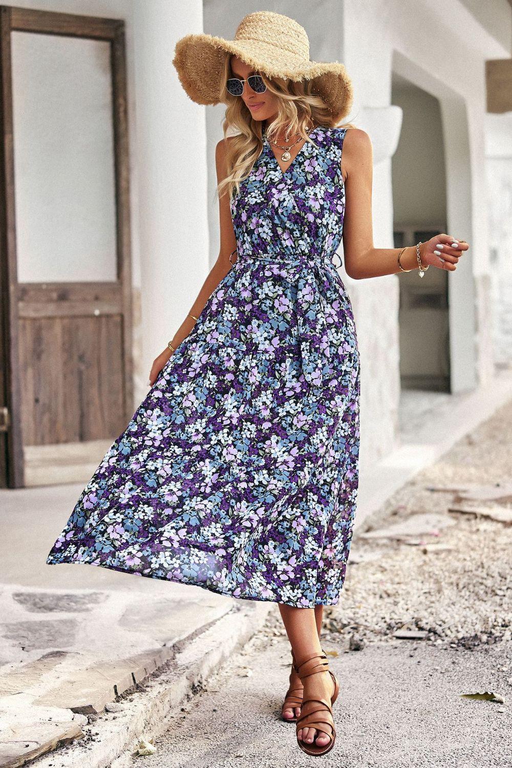 Floral Belted Surplice V-Neck Sleeveless Tiered Midi Dress - Dresses