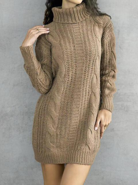 Cable-knit Turtleneck Sweater Dress - Dresses