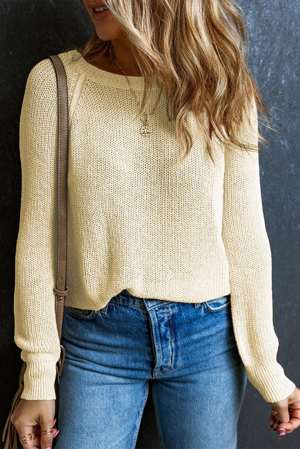 Ribbed Round Neck Openwork Knit Sweater - Sweater