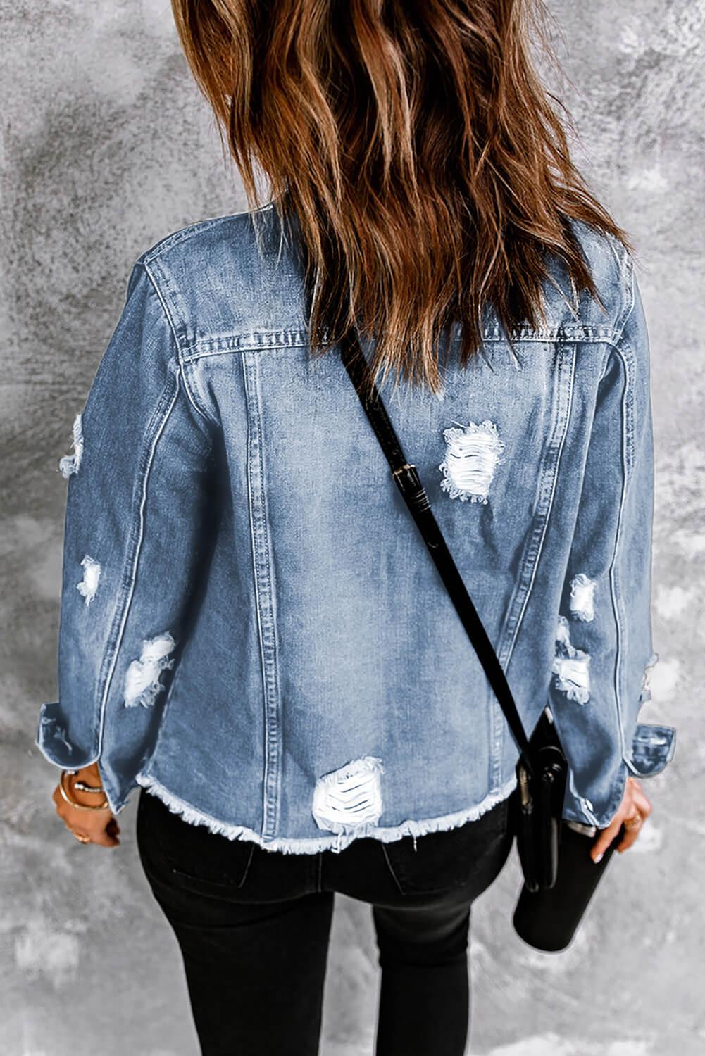 Distressed Raw Hem Denim Jacket - Jacket