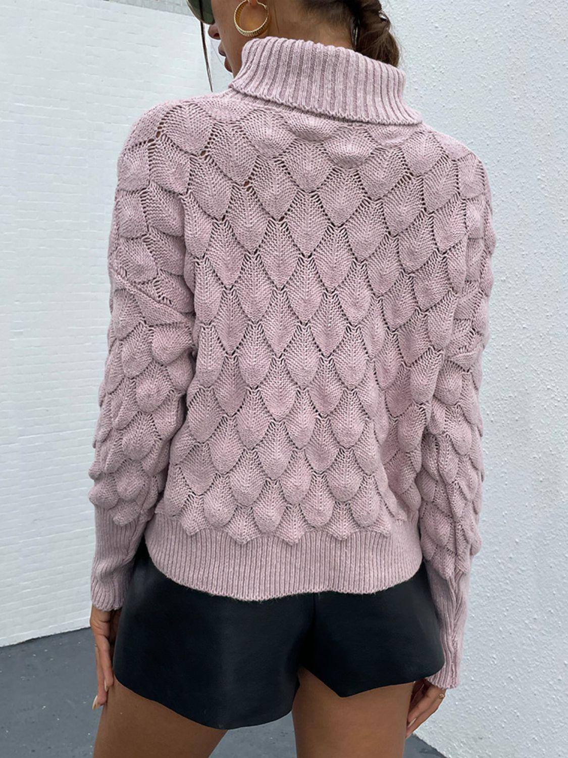 Turtle Neck Ribbed Trim Long Sleeve Knit Sweater - Sweater