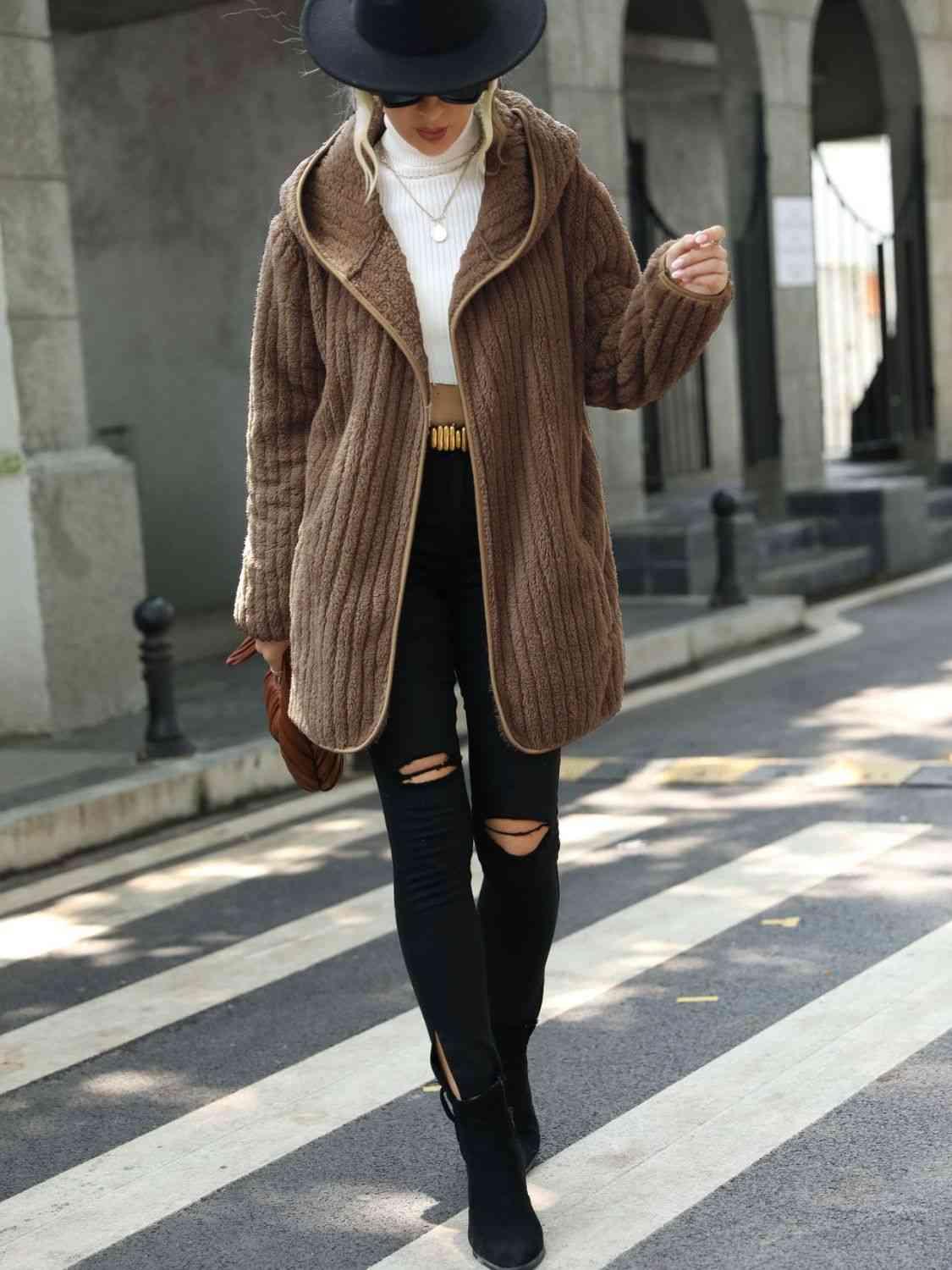 Open Front Ribbed Hooded Fleece Coat - Coat