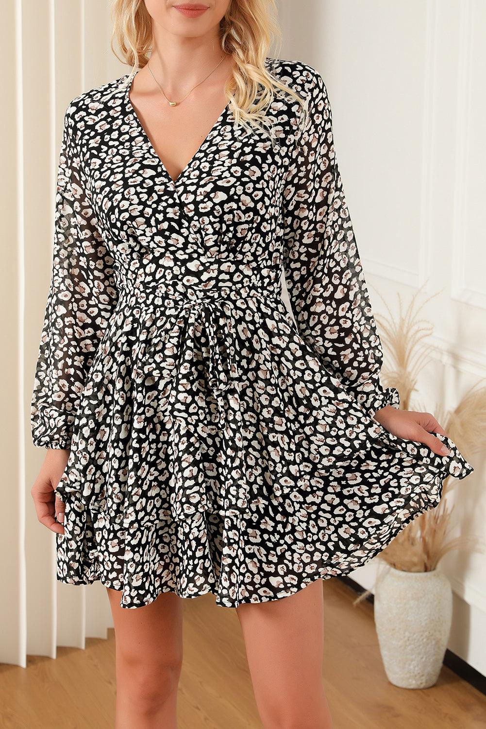 Floral Surplice Balloon Sleeve Mini Dress - Dresses