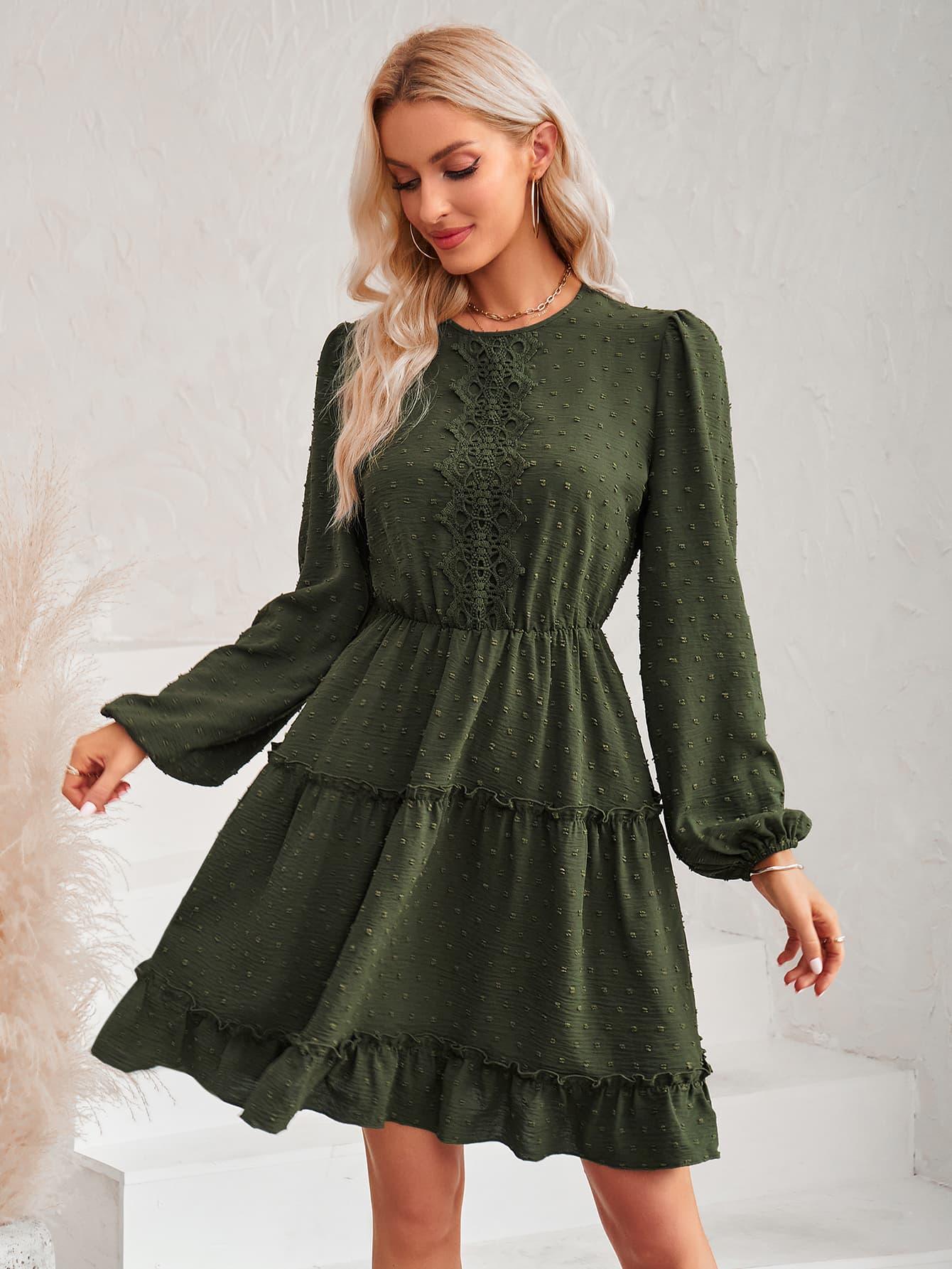 Swiss Dot Lace Trim Long Balloon Sleeve Dress - 