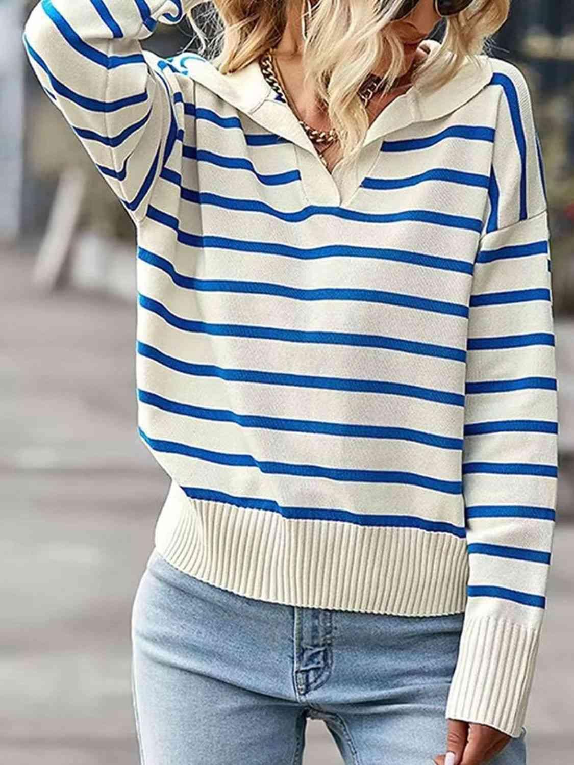 Striped Collared Neck Knit Top - Top