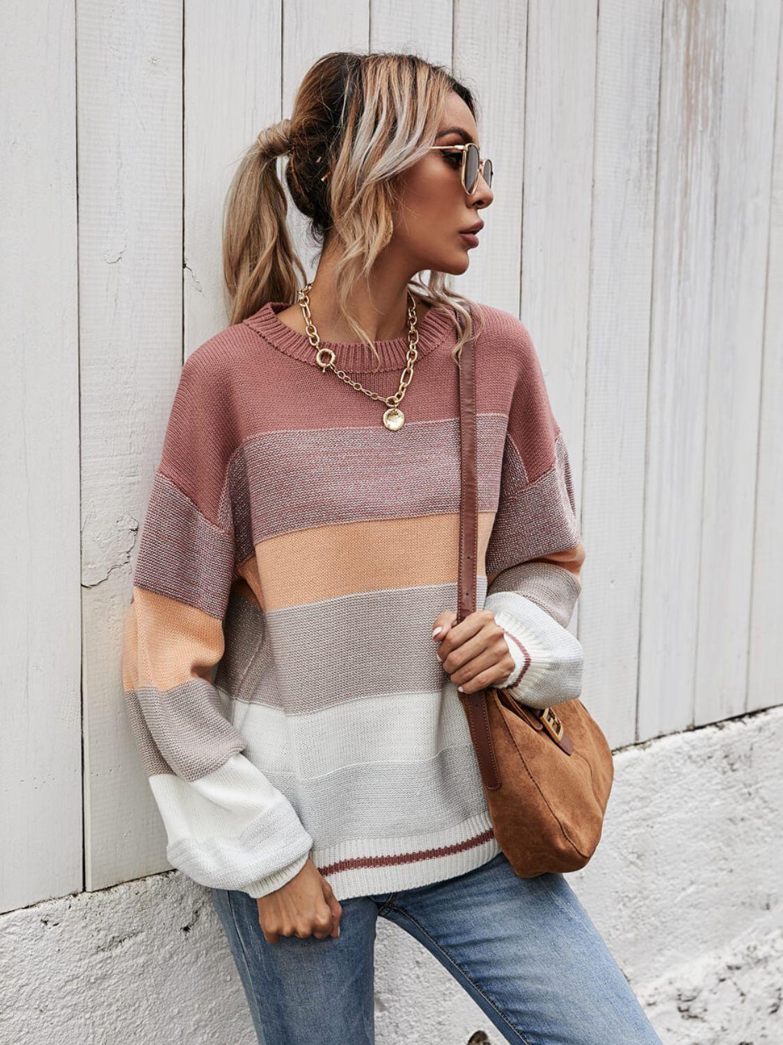 Striped Color Block Ribbed Trim Sweater - Sweater