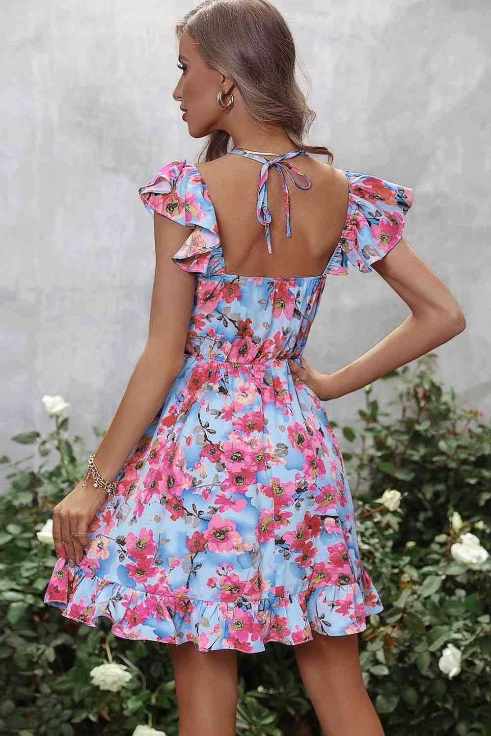 Floral Halter Neck Ruffle Hem Dress - Dresses