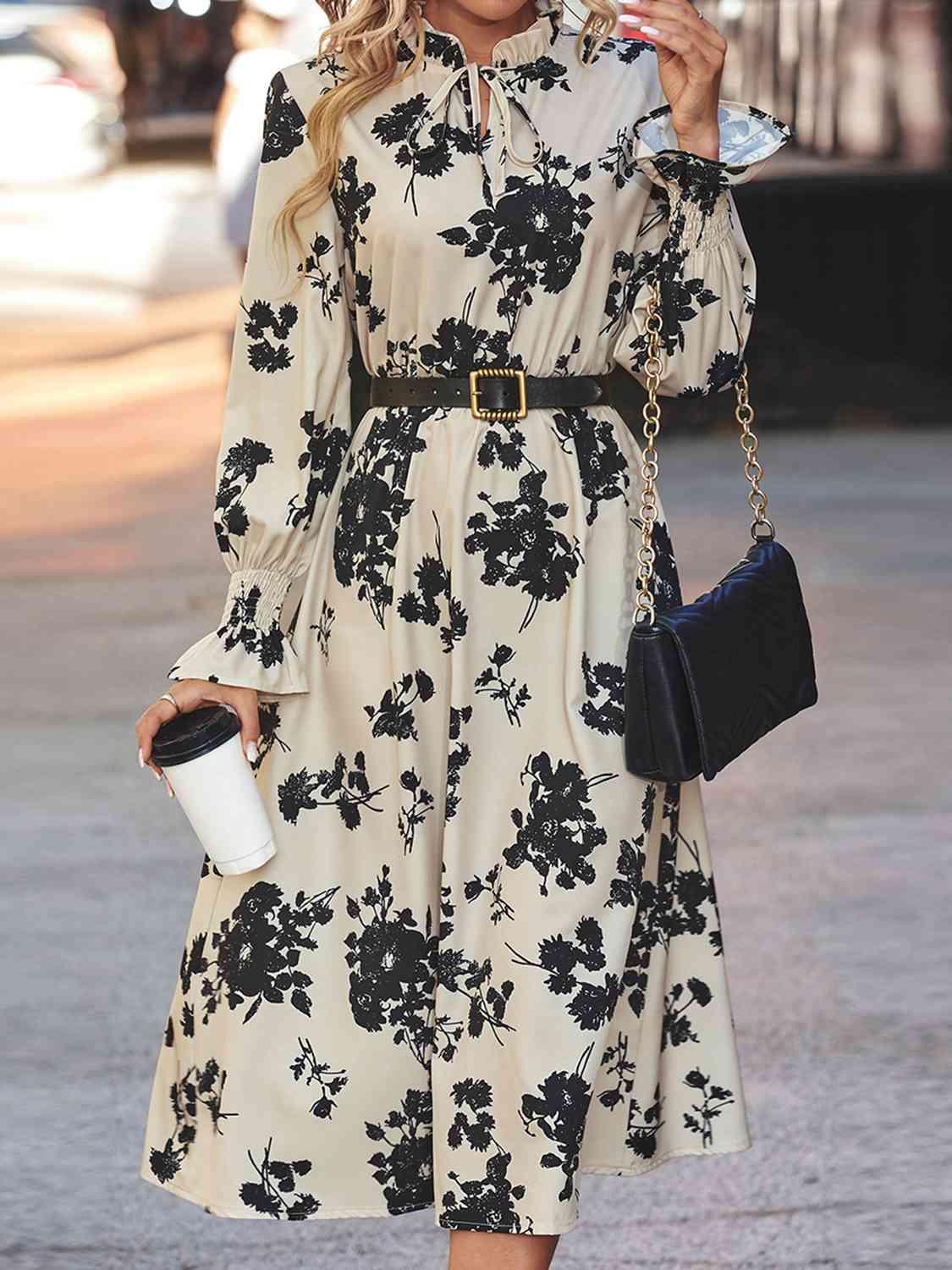 Floral Tie Neck Flounce Sleeve Midi Dress - Dresses