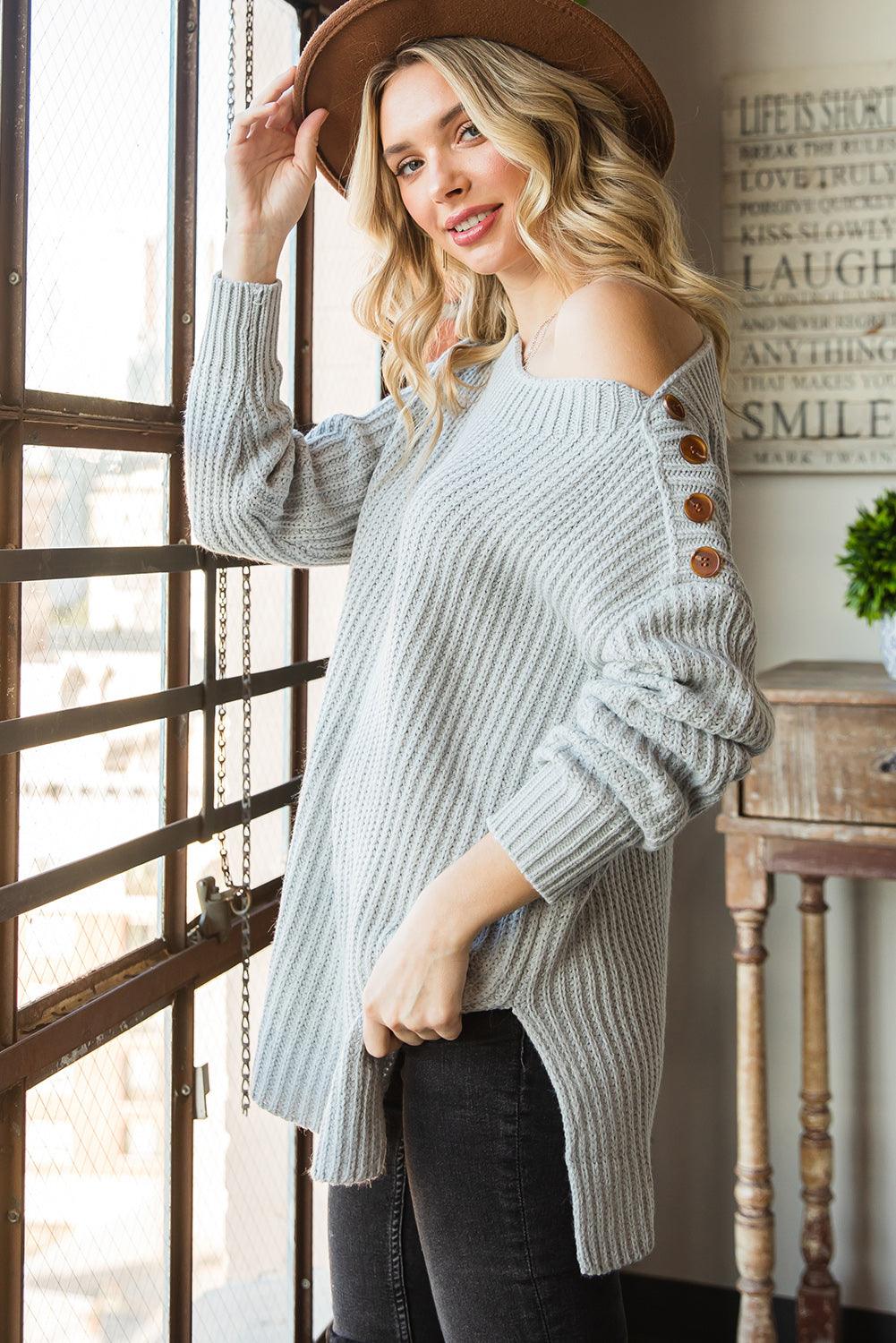 Ribbed Buttoned Boat Neck Slit Sweater - Sweater