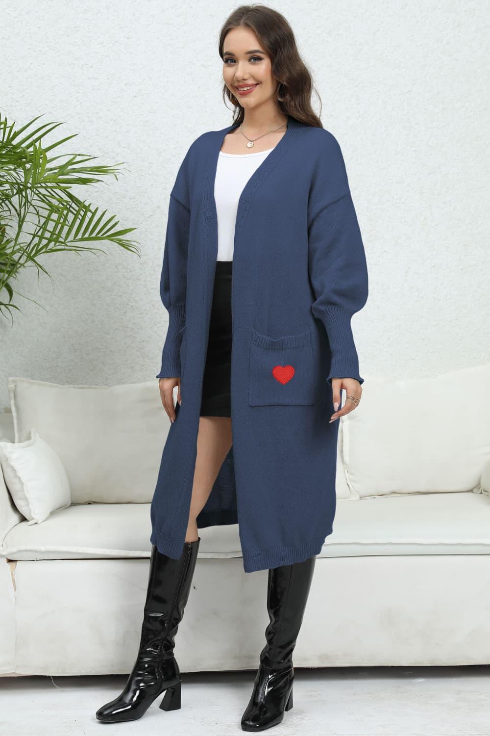 Lantern Sleeve Open Front Pocketed Cardigan - Cardigan